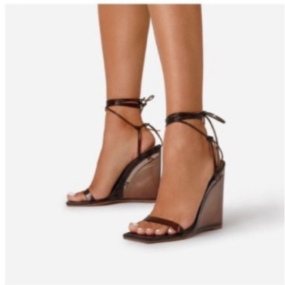 EGO Josephine square toe clear perspex wedges chocolate brown patent Size 10